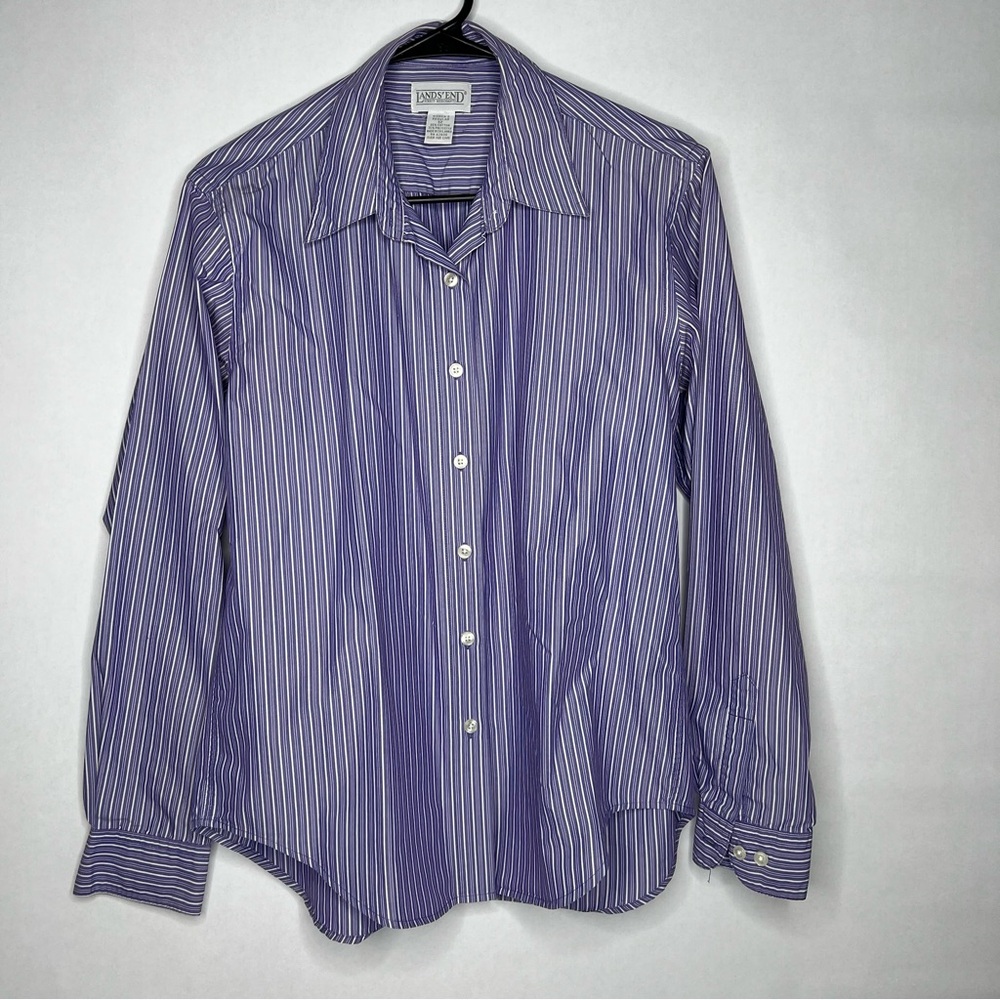 Lands’ End No Iron‎ Shirt Womens Size 12 Blue Striped Button Down Long Sleeve